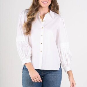 White 3/4 Sleeve Button Down Shirt with Pleated Design